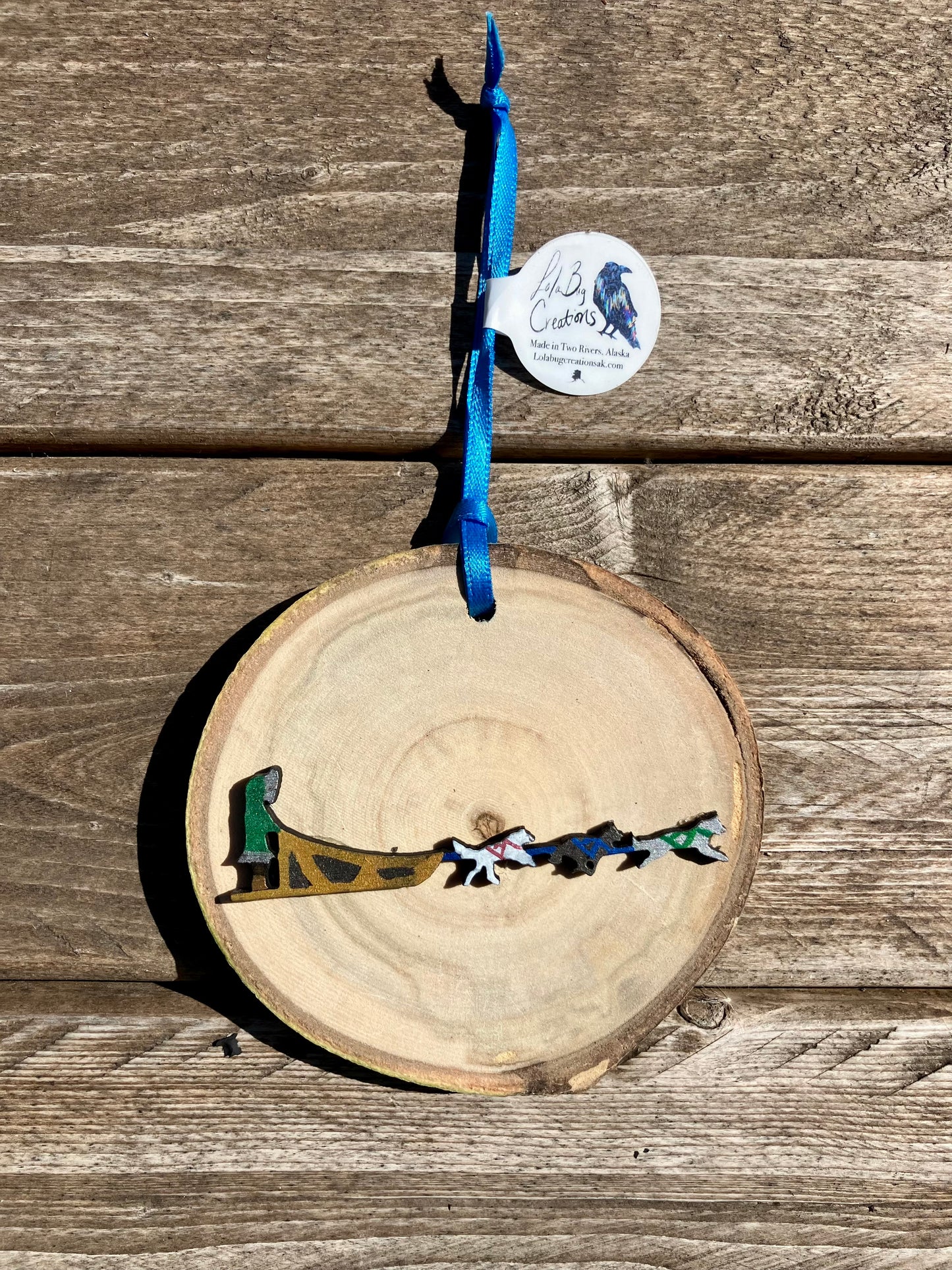 Painted Dog Mushing Birch Ornament