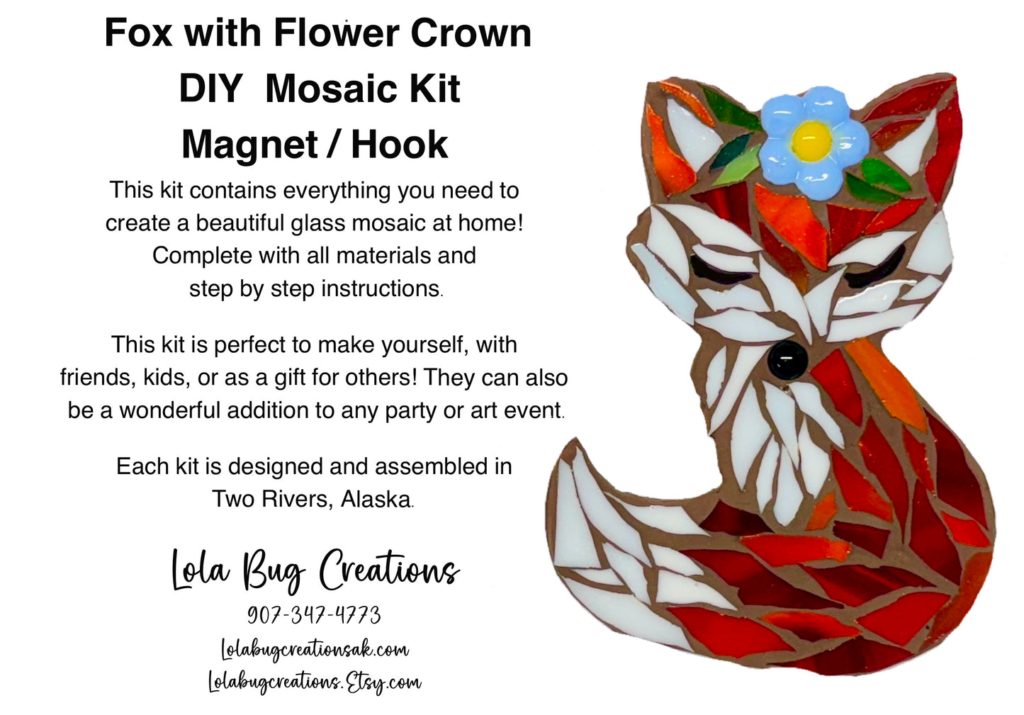 Fox With Flower Magnet/ Hanging Glass Mosaic Kit - DIY- Make it yourself