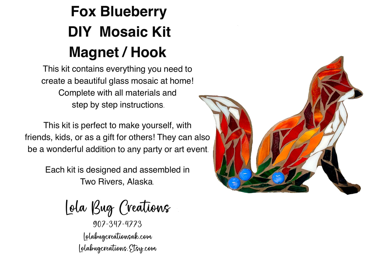 Fox Sitting Blueberries - Magnet/ Hanging Glass Mosaic Kit - DIY- Make it yourself