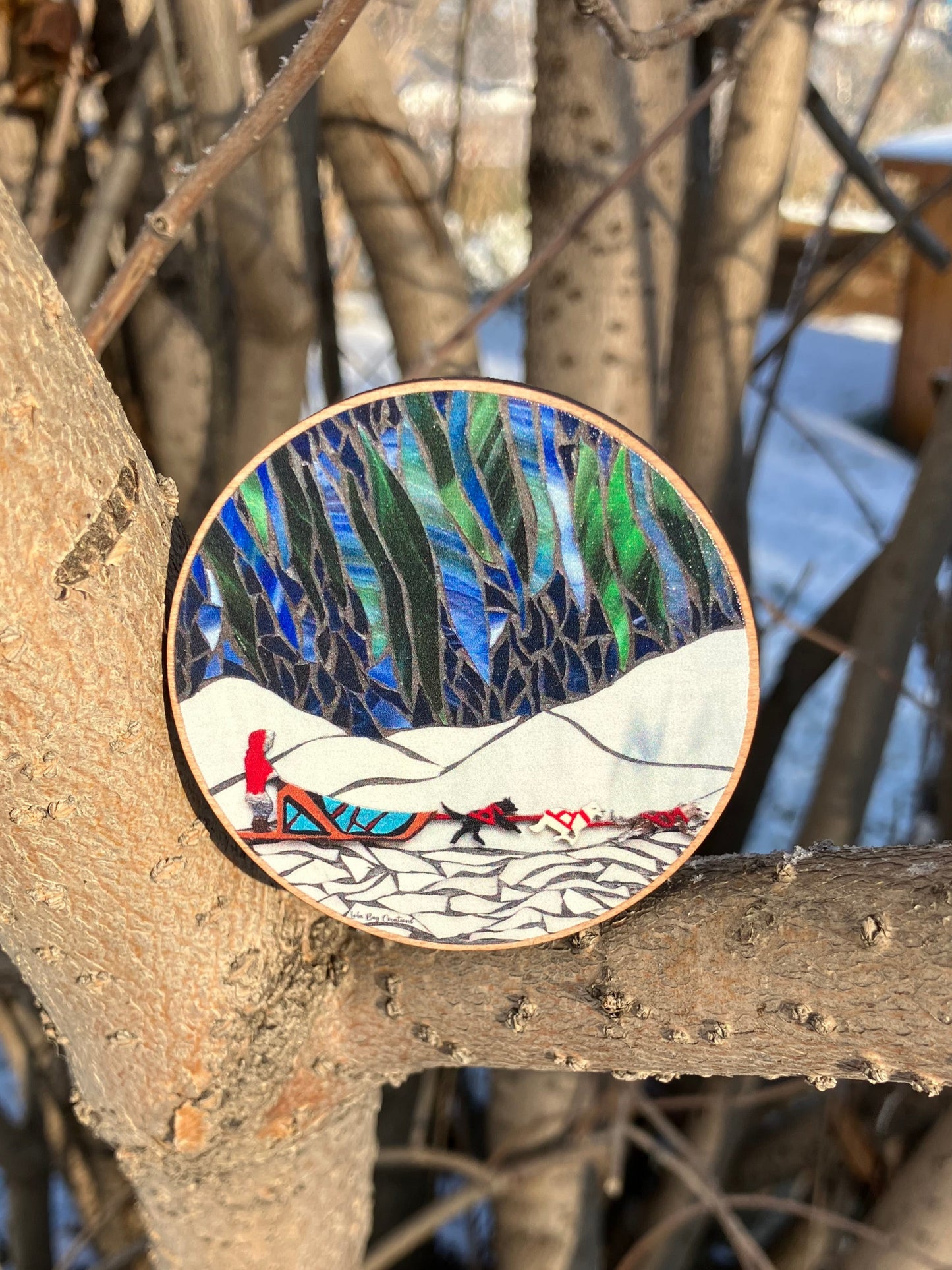 Dog Mushing Wood Magnet