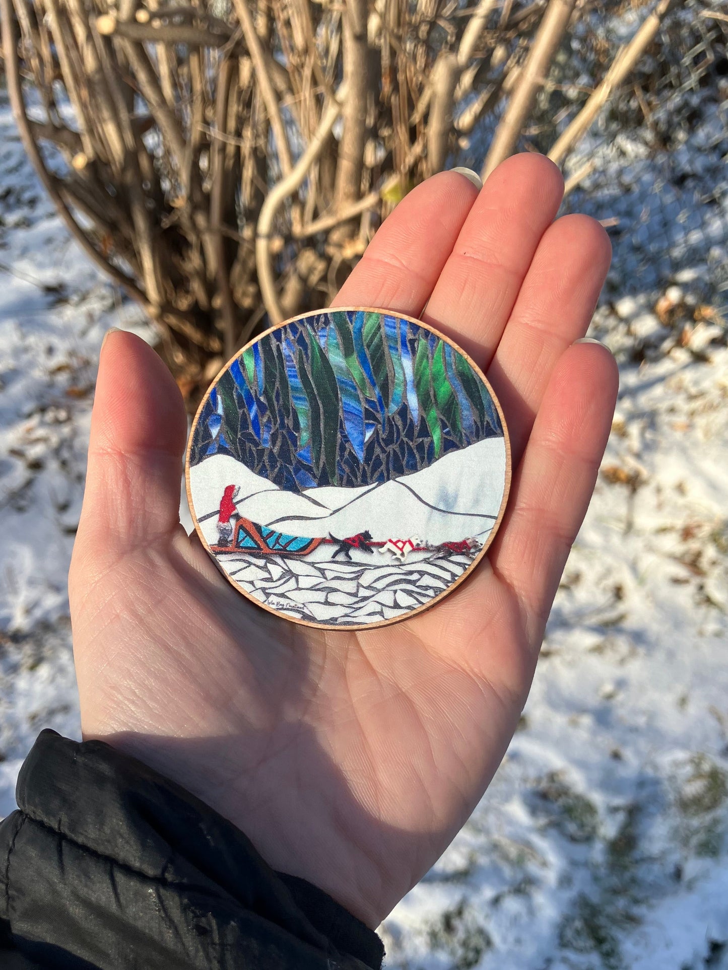 Dog Mushing Wood Magnet
