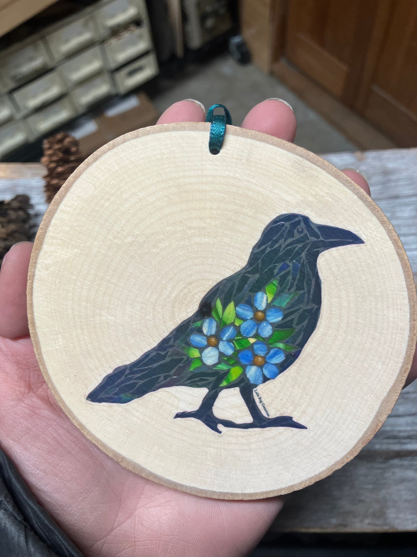 Forget-Me-Not Raven Birch Ornament