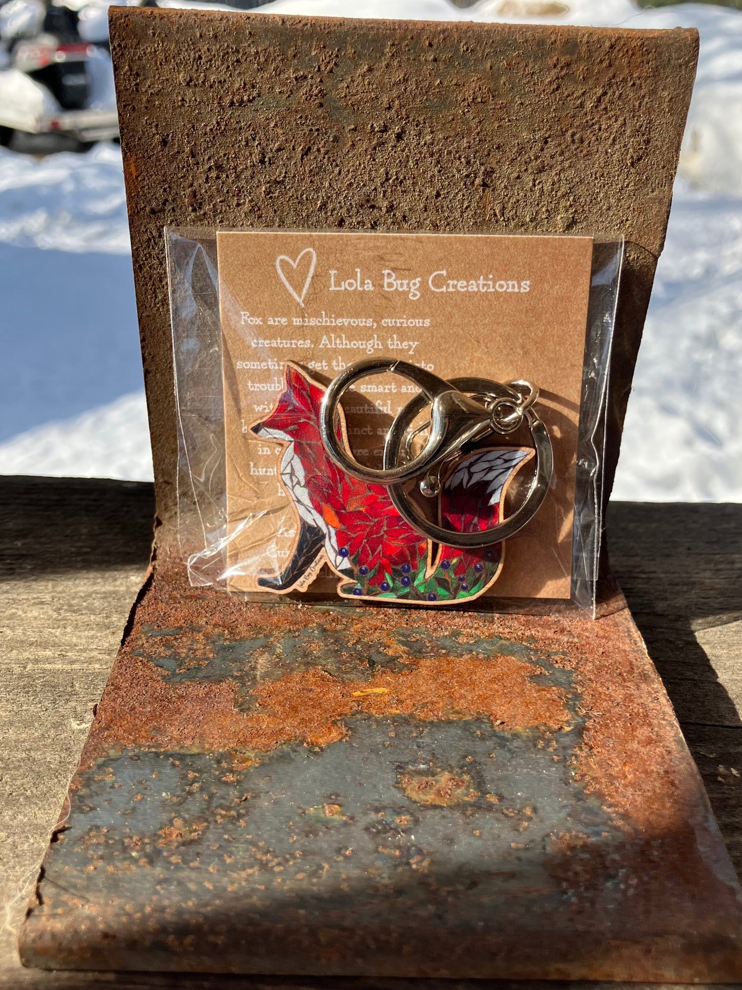 Sitting Fox with Blueberries Wooden Key Chain