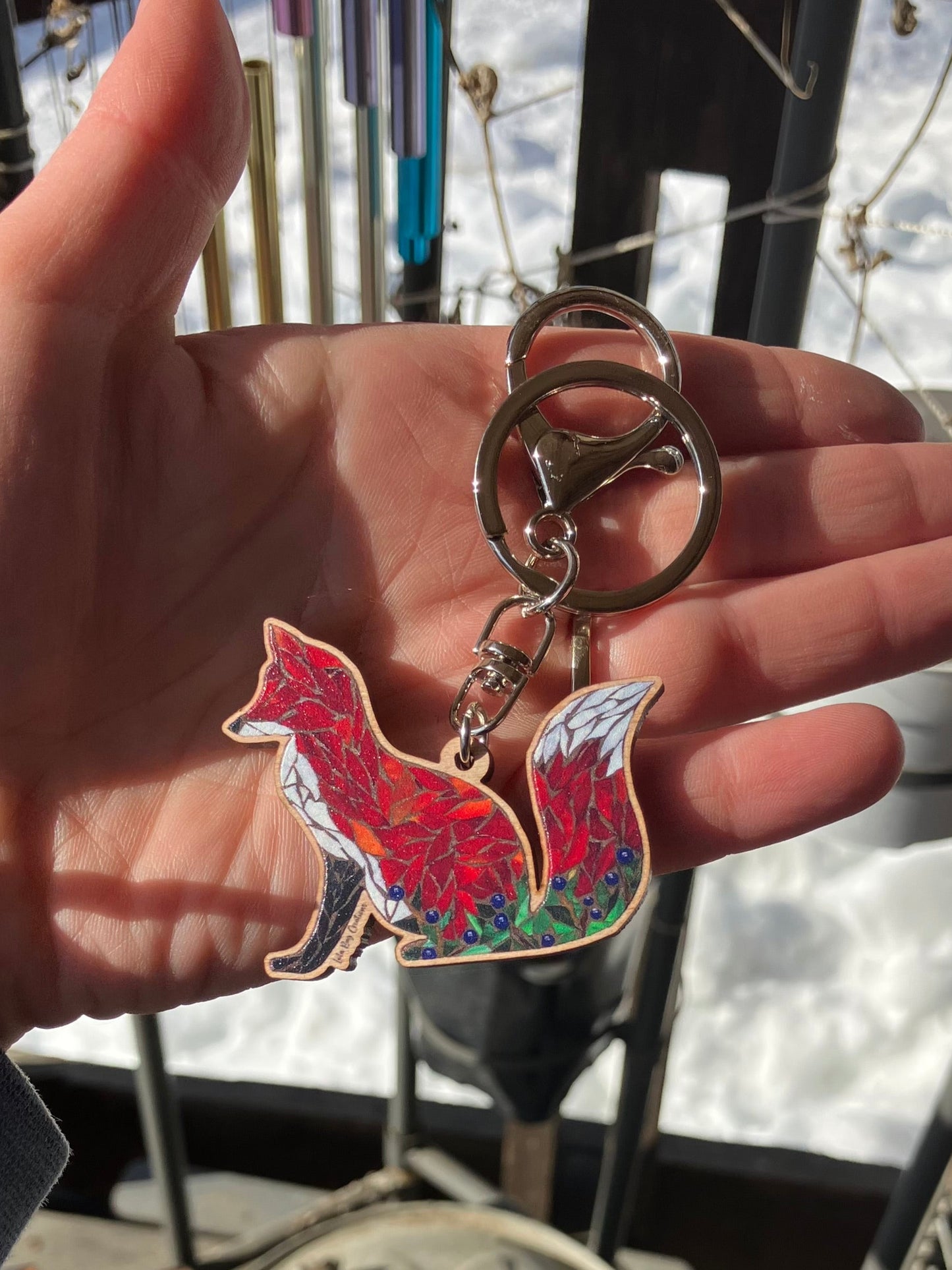 Sitting Fox with Blueberries Wooden Key Chain
