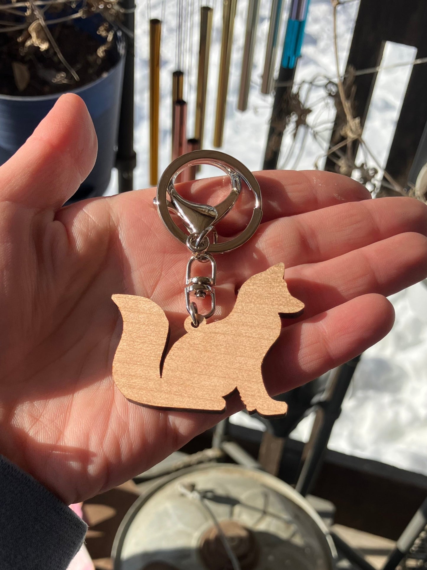 Sitting Fox with Blueberries Wooden Key Chain