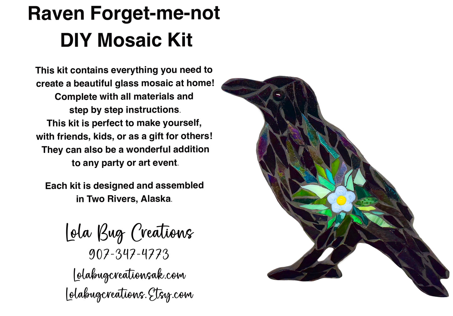 Perched Raven Forget me not- Glass Mosaic Kit - DIY-Do it yourself- Make it yourself