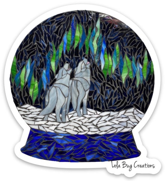 Wolf Howling Northern Lights Snow Globe Vinyl Sticker