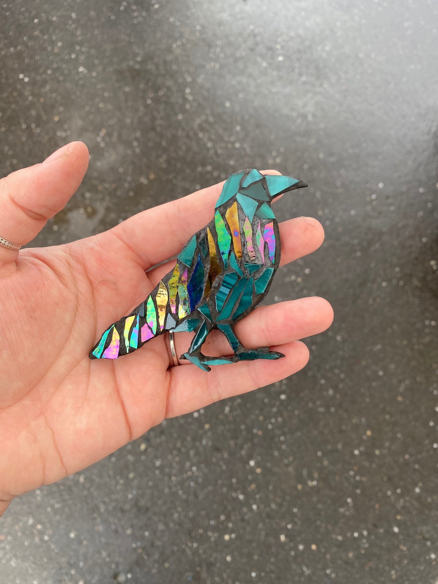 Northern Lights Perched Raven Glass Mosaic