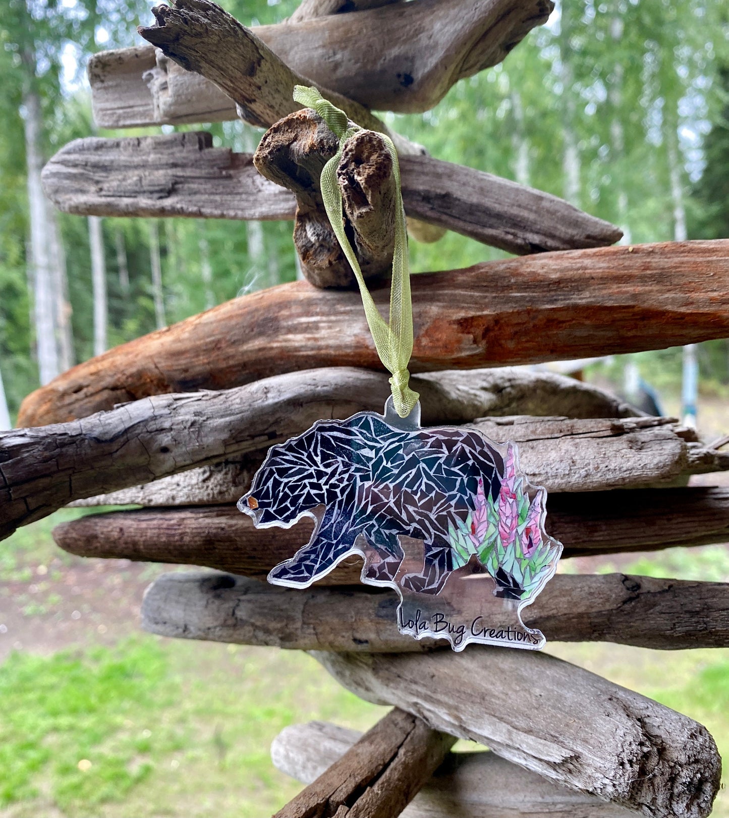 Black Bear with Fireweed acrylic ornament
