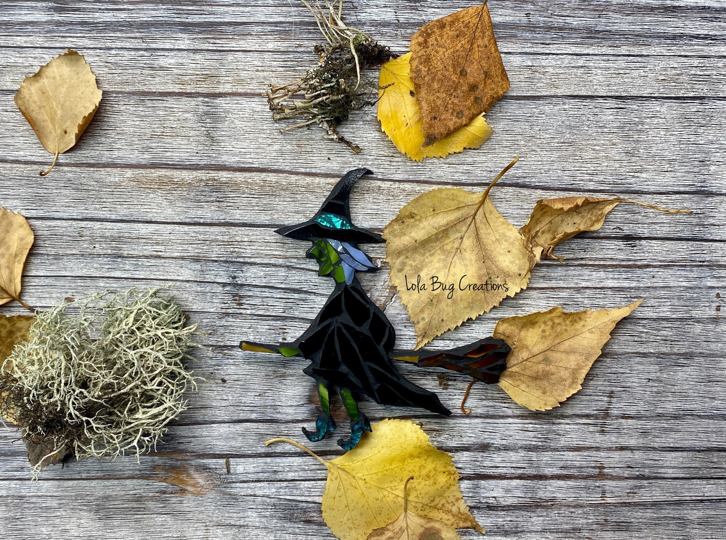 Witch with a broom stick Halloween glass mosaic