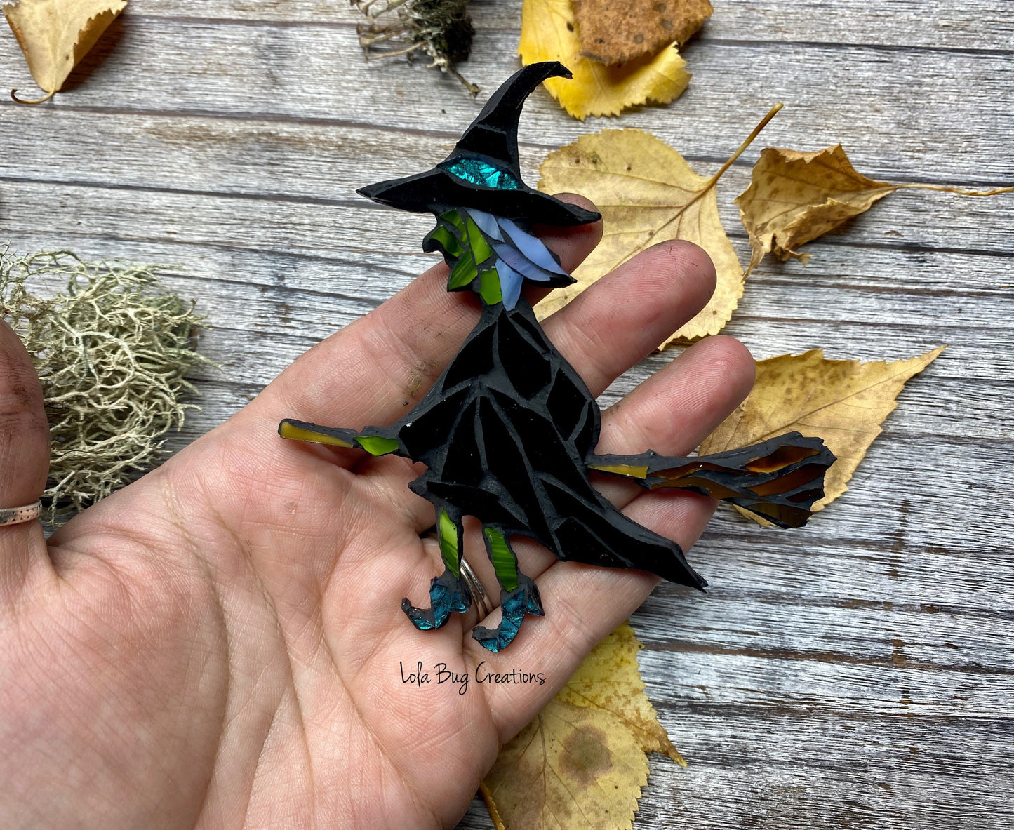 Witch with a broom stick Halloween glass mosaic