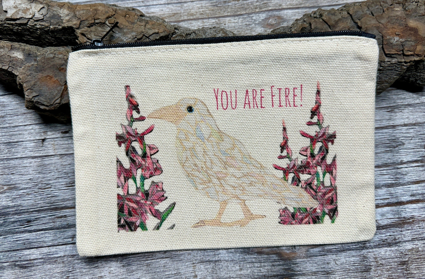 White Raven, fireweed cotton canvas zipper printed bag