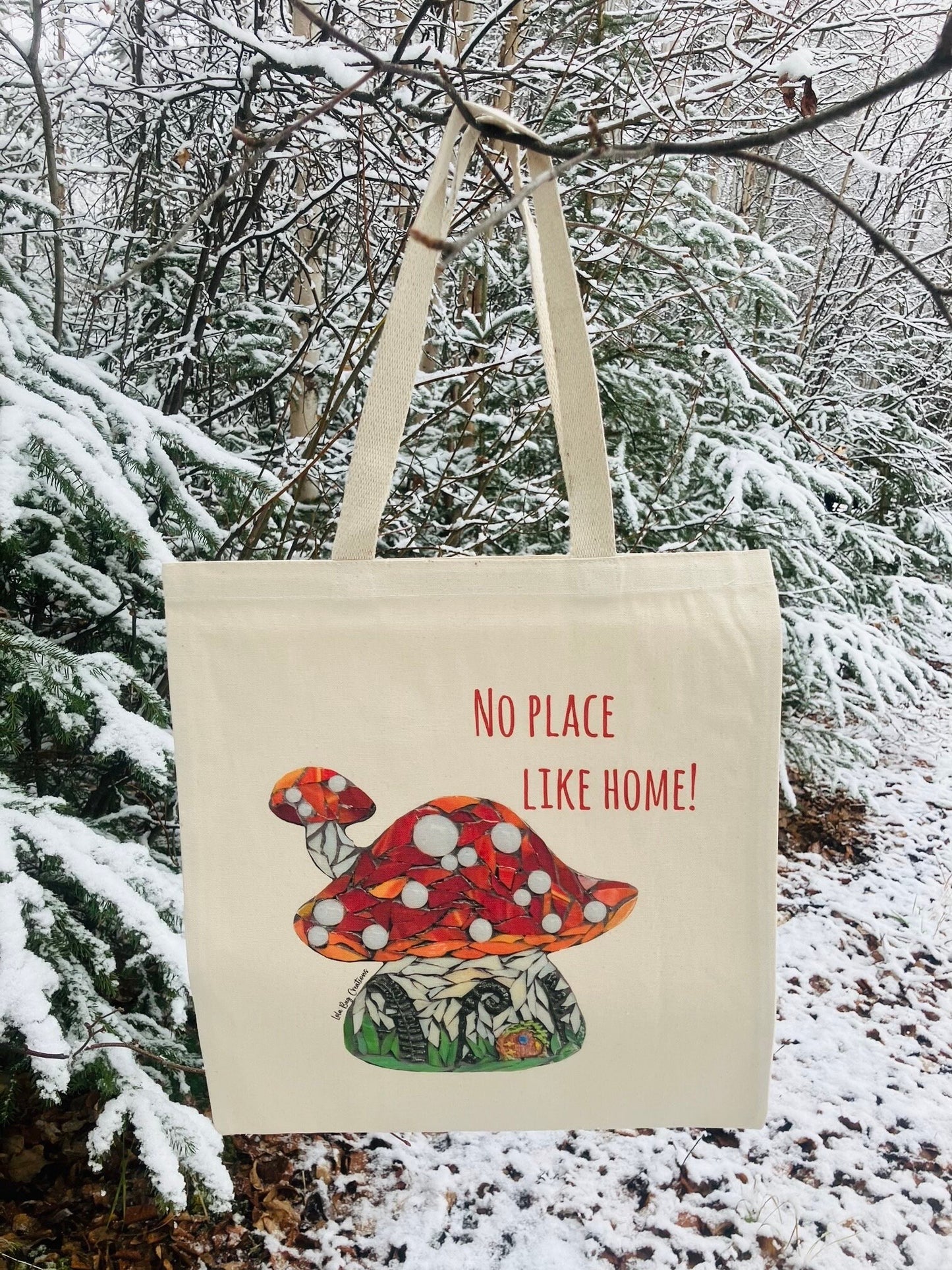 No place like home, mushroom house, cotton canvas tote printed bag