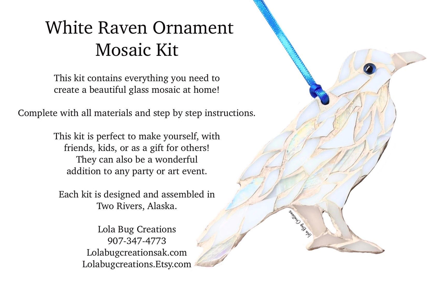 White Raven Ornament Hanging Glass Mosaic Kit / DIY Do it yourself- Make it yourself / leucistic raven / crow