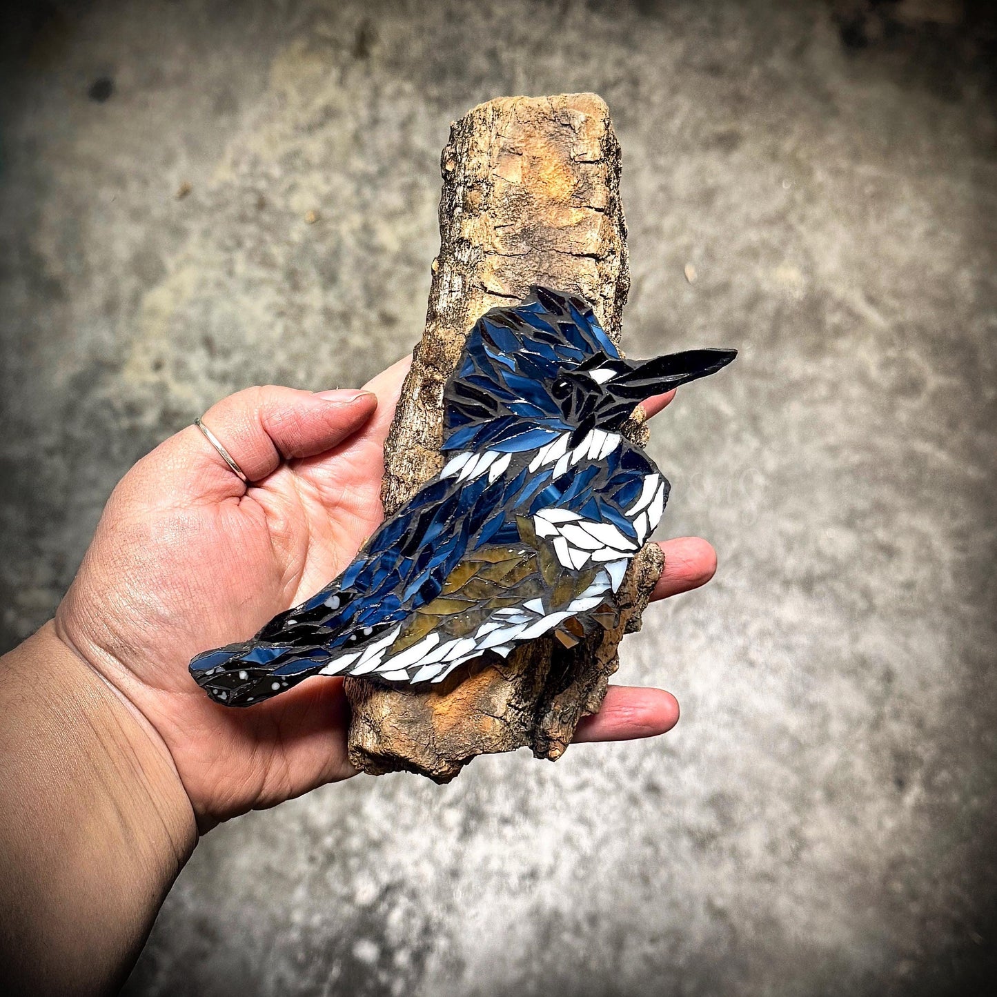 Kingfisher on Driftwood glass mosaic