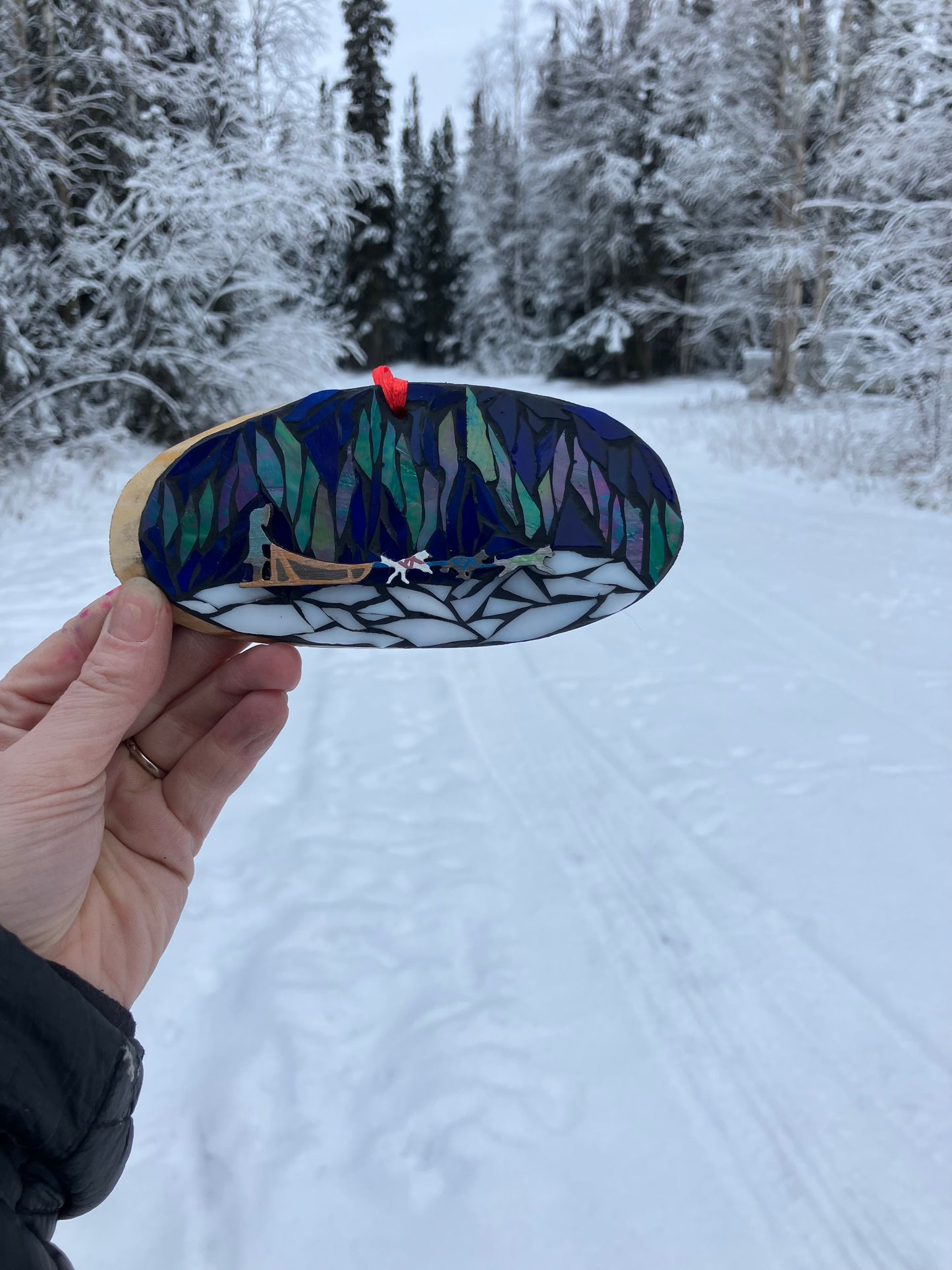 Northern Lights dog mushing team birch mosaic glass