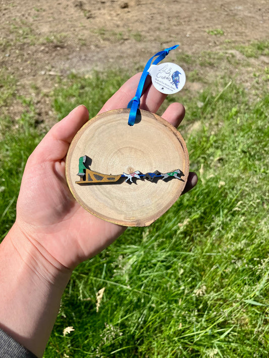 Painted Dog Mushing Birch Ornament