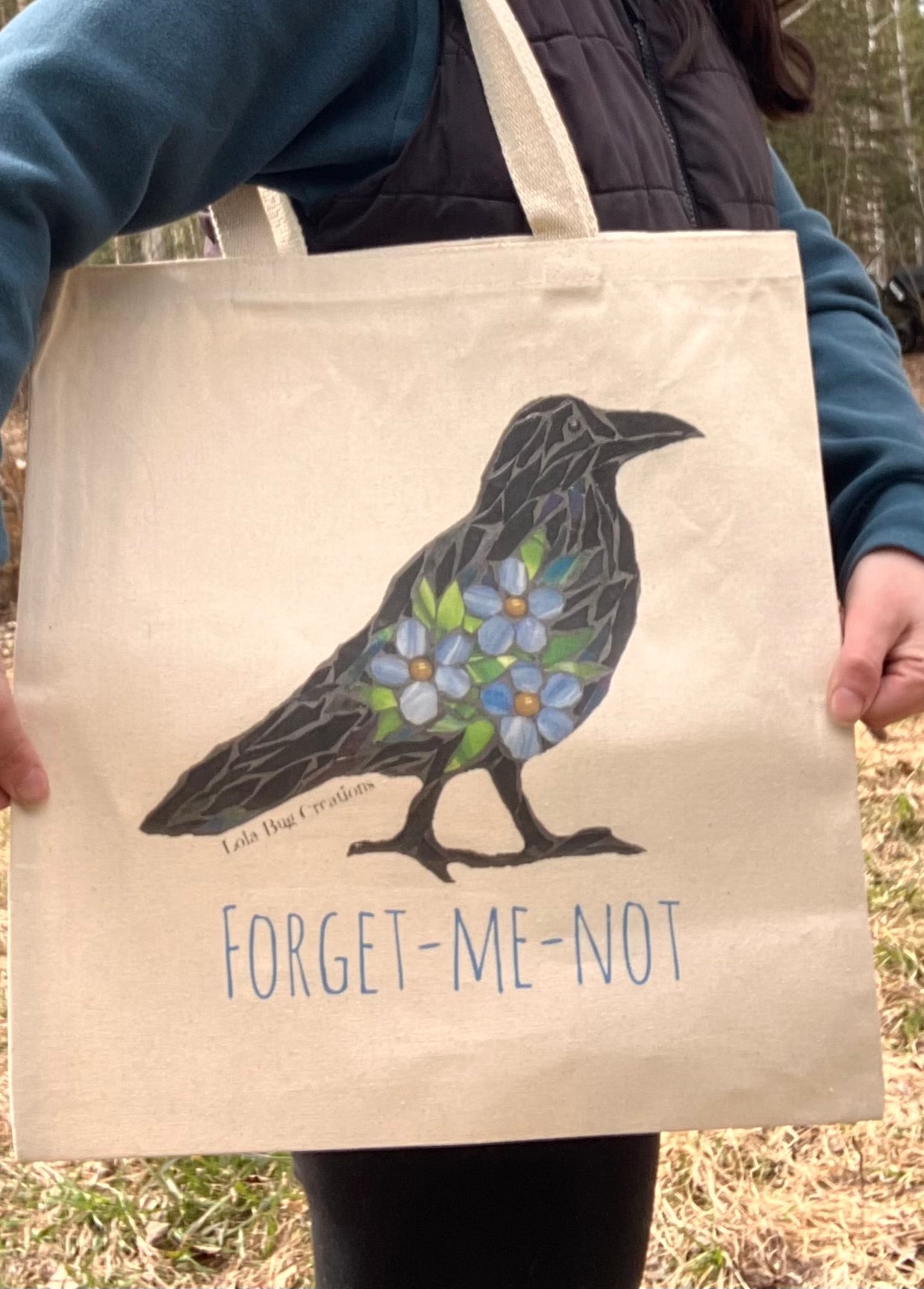 Raven/ crow with Forget-me-nots cotton canvas tote printed bag