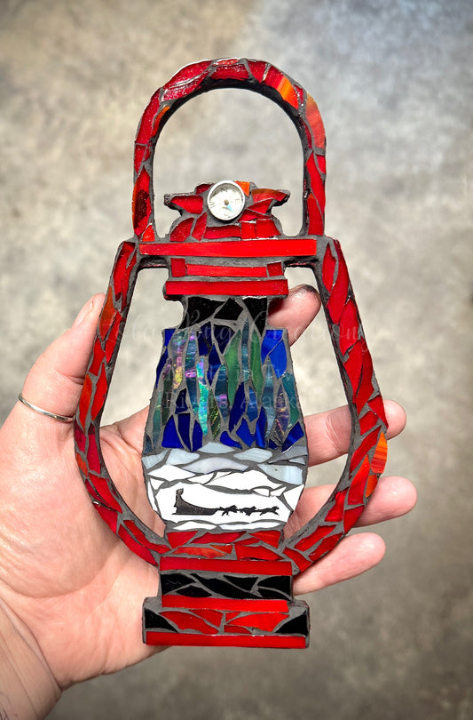 Northern Lights Red Lantern with Dog Mushing Team