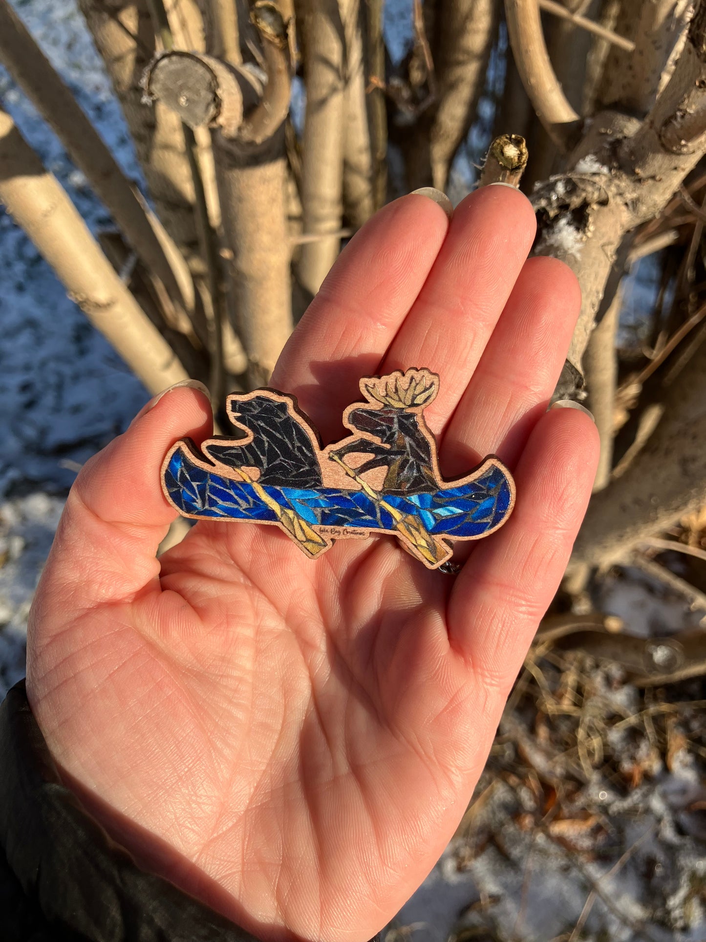 Bear and Moose in a Canoe Wood Magnet