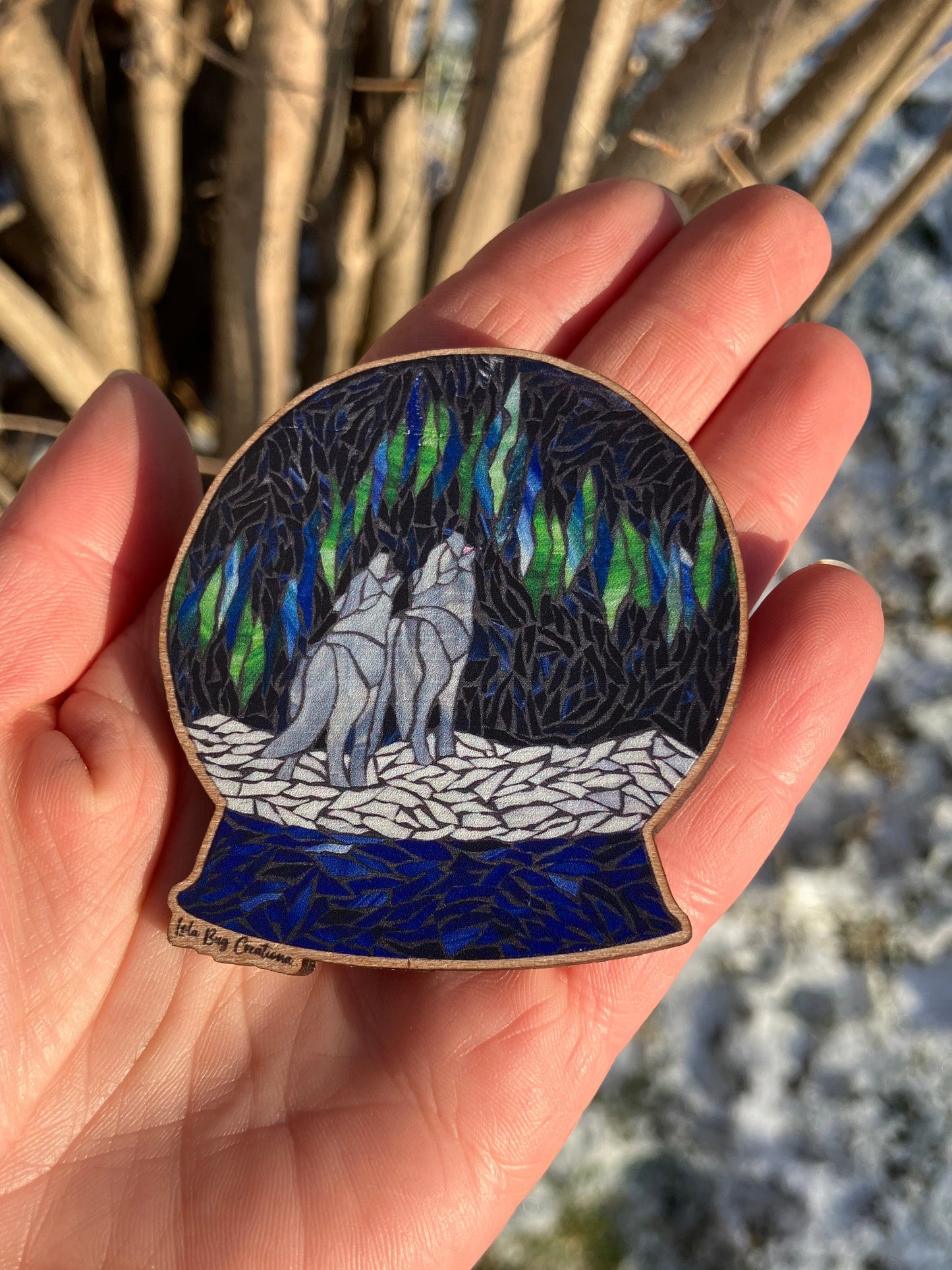 Howling At The Moon Snowglobe Wood Magnet