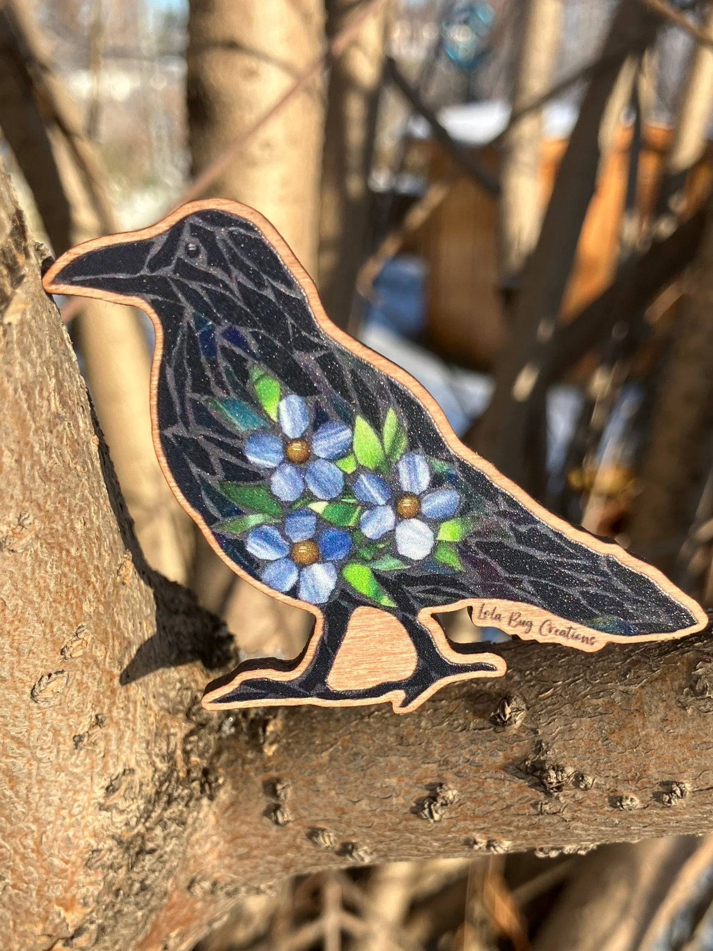 Forget-Me-Not Raven Wooden Magnet