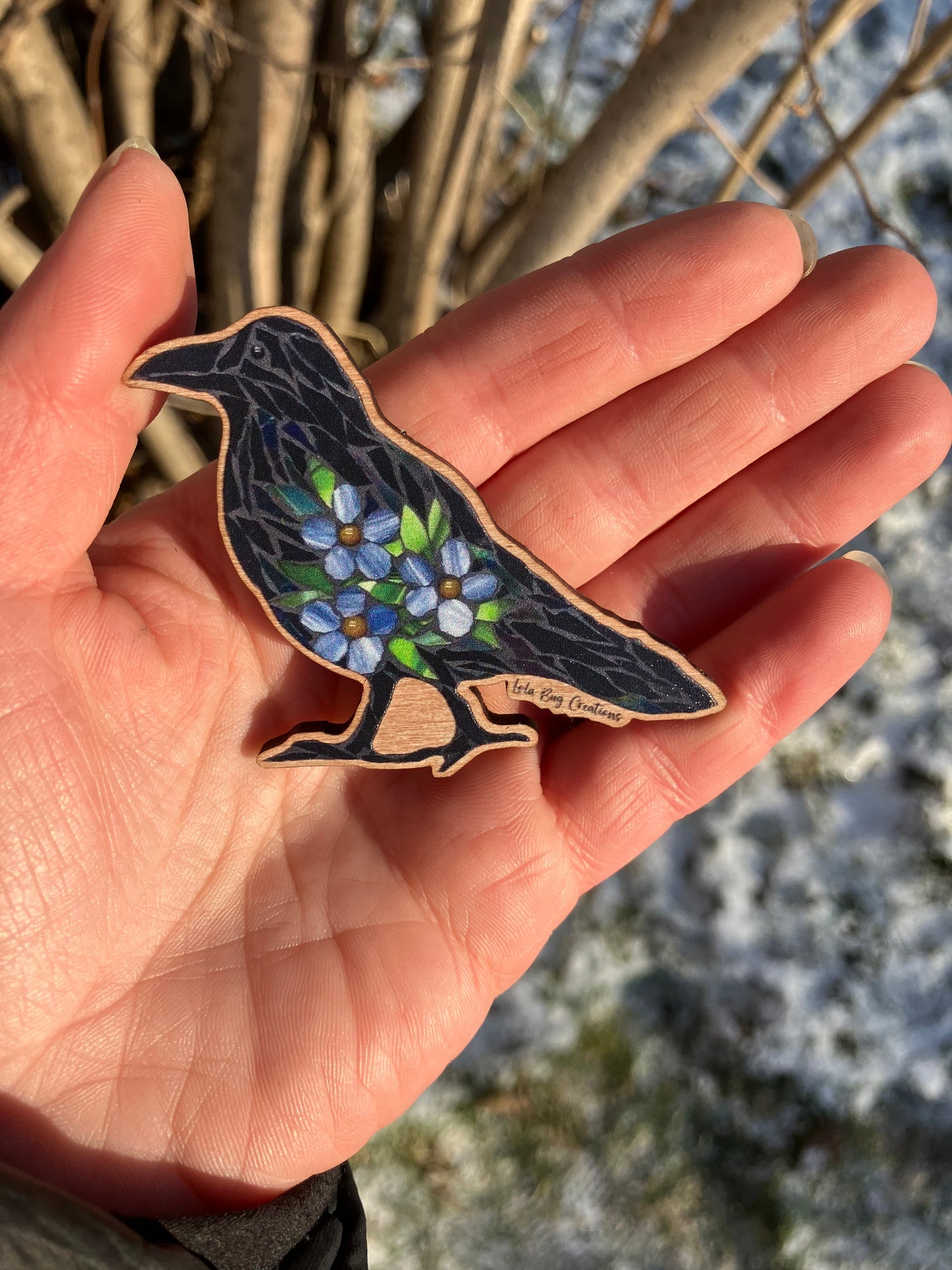 Forget-Me-Not Raven Wooden Magnet