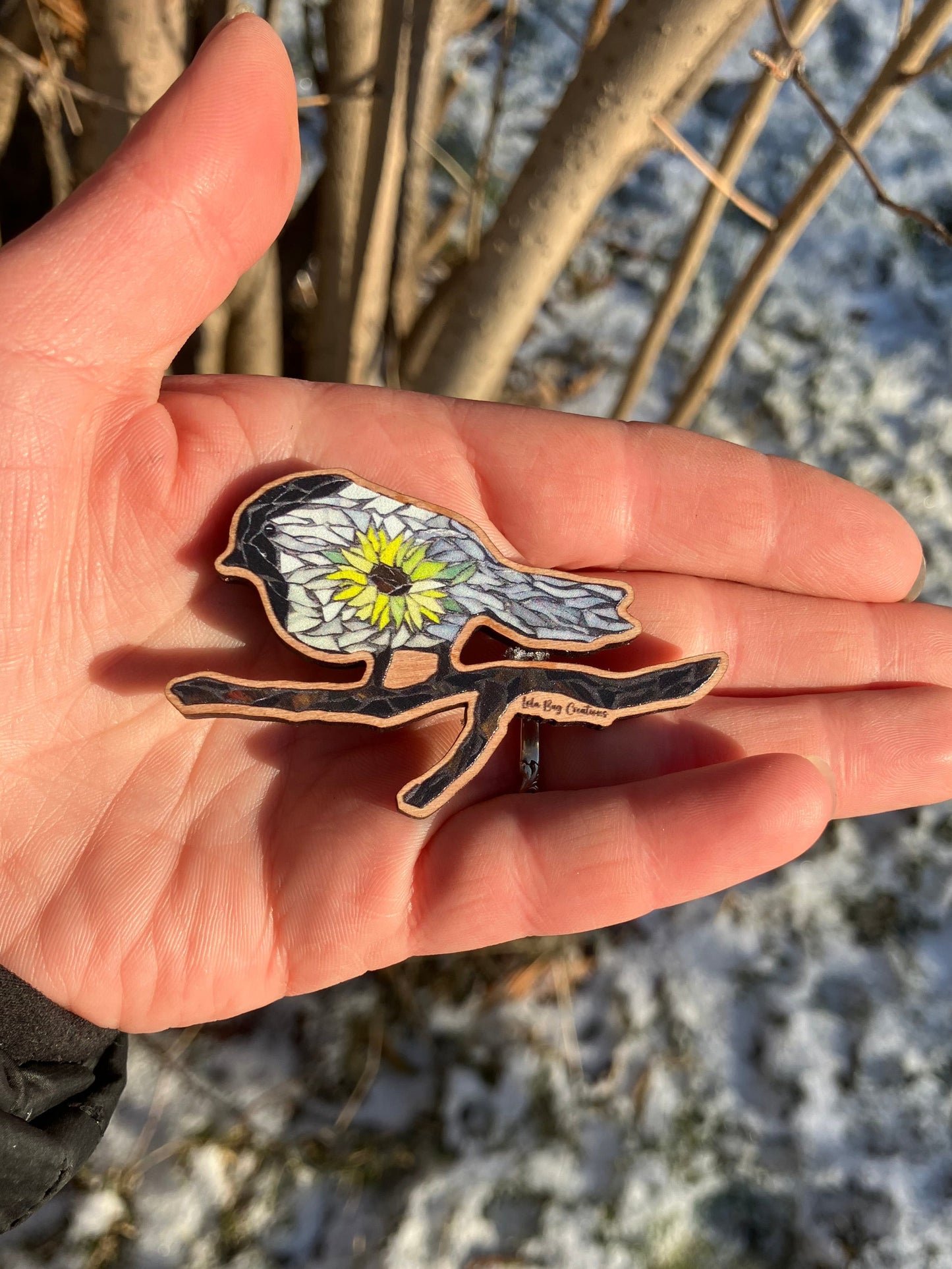 Chickadee Sunflower Wood Magnet