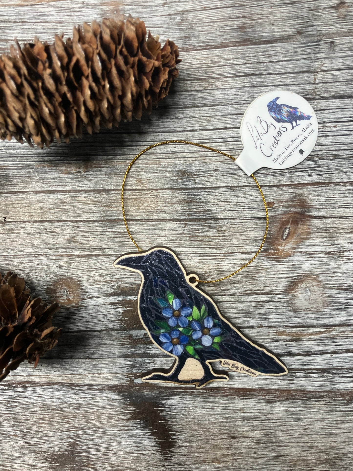 Forget-Me-Not Raven Wood Ornament