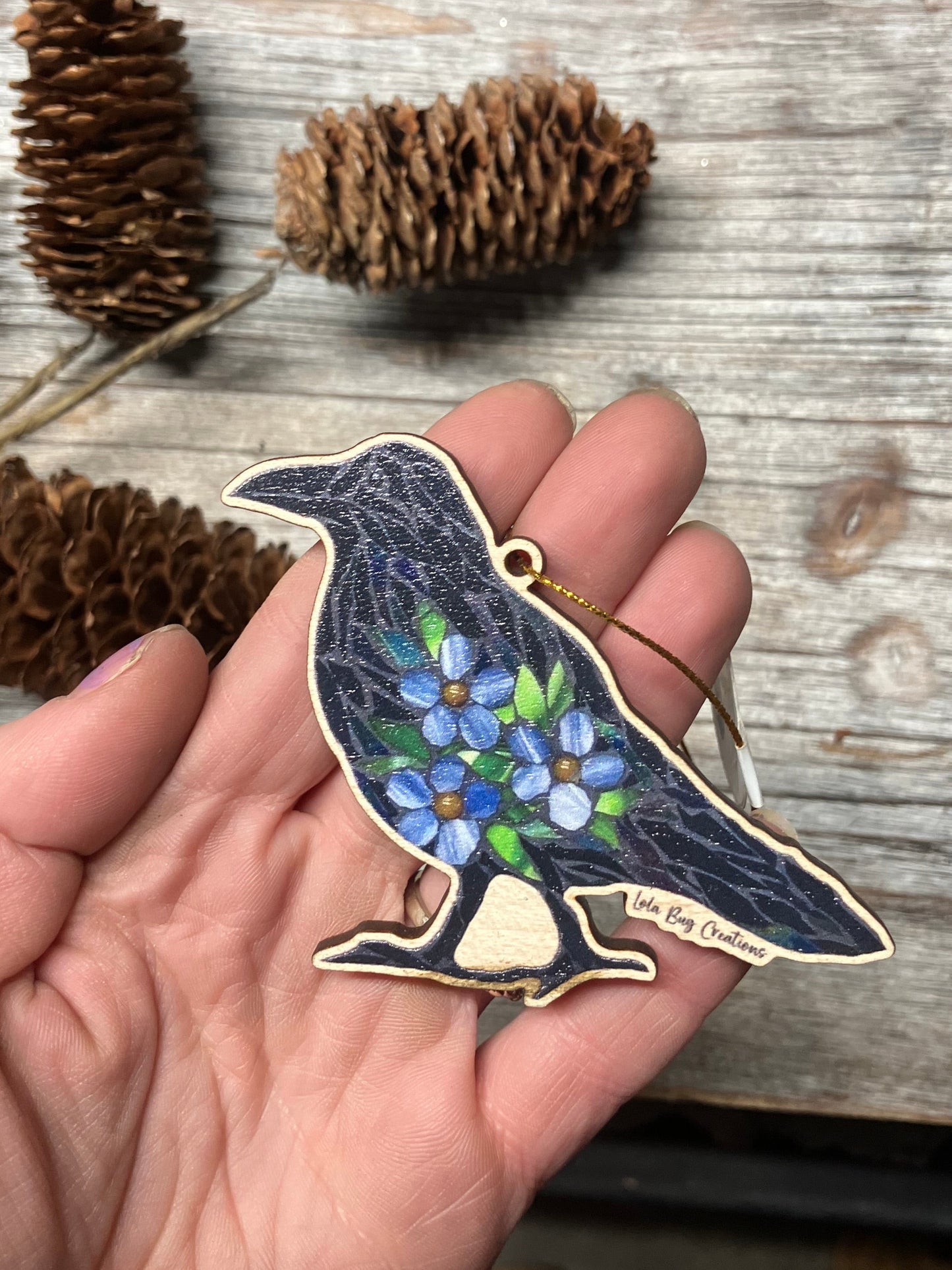 Forget-Me-Not Raven Wood Ornament