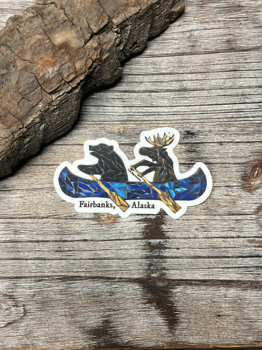 Bear and Moose in a Canoe Fairbanks, Alaska Vinyl Sticker