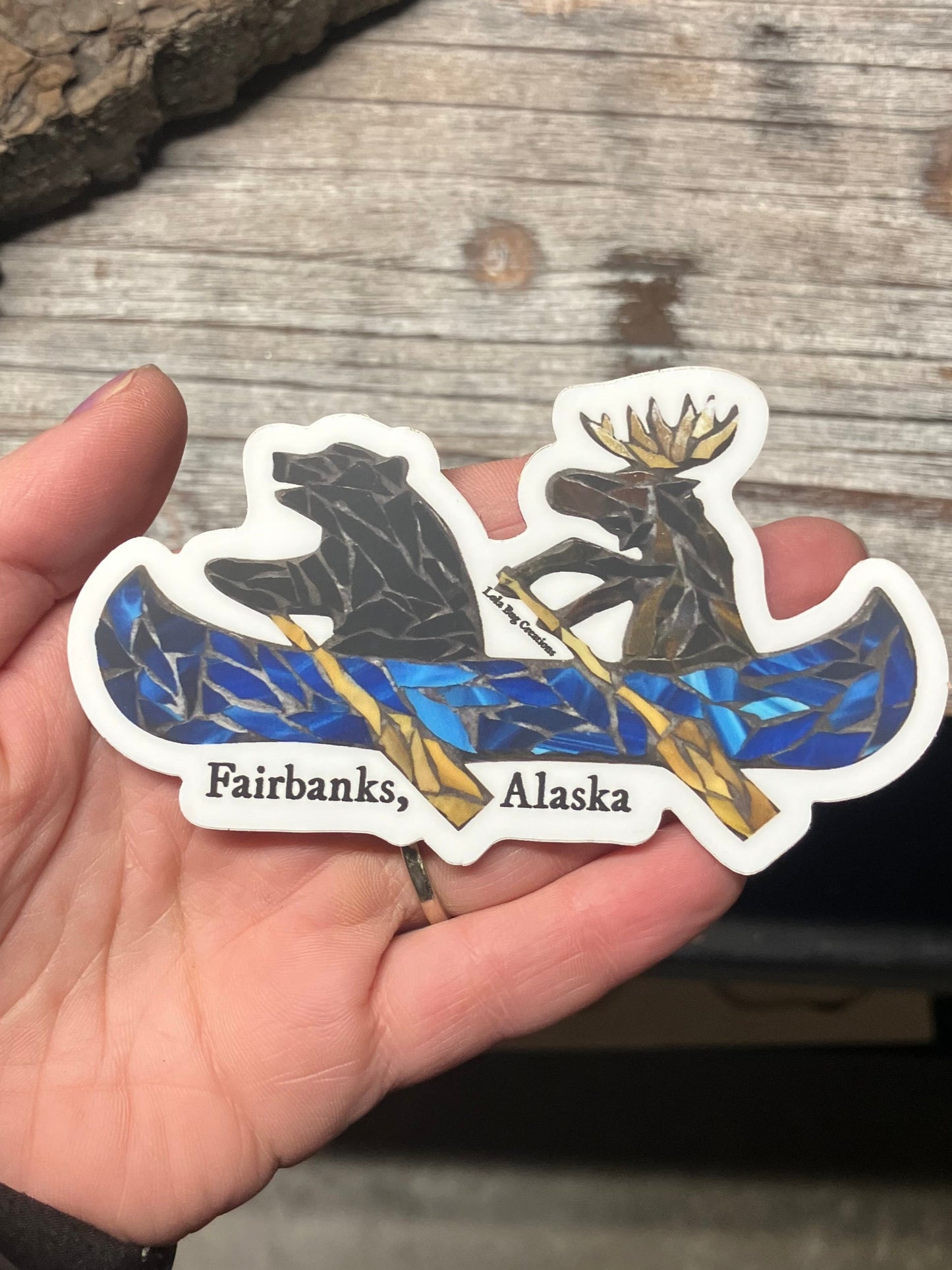 Bear and Moose in a Canoe Fairbanks, Alaska Vinyl Sticker