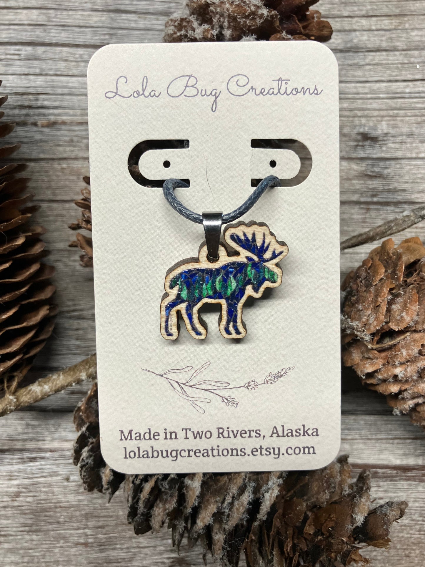 Northern Lights Moose Wooden Necklace