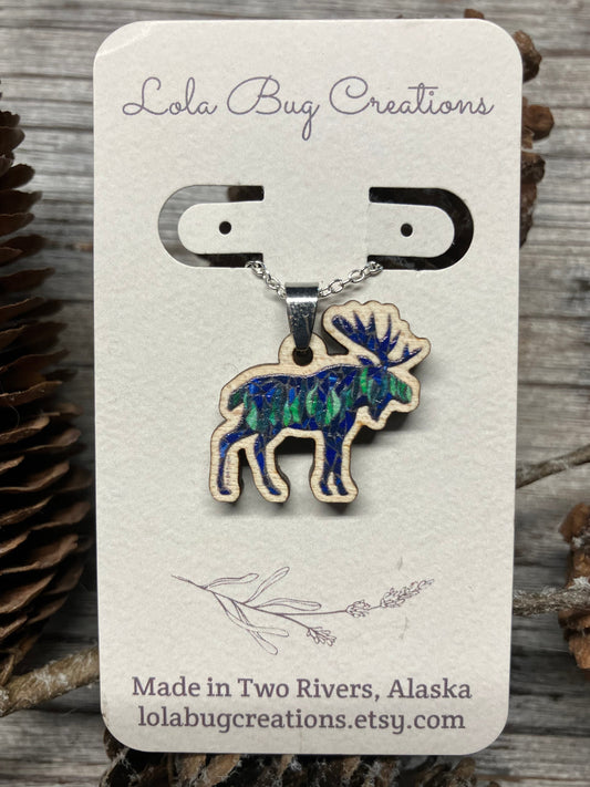 Northern Lights Moose Wooden Necklace