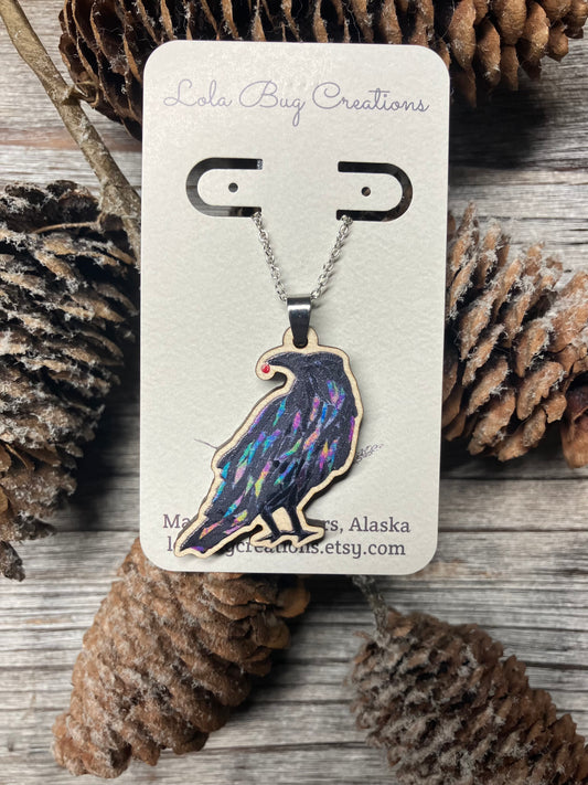 2'' Northern Lights Studious Raven Wood Necklace