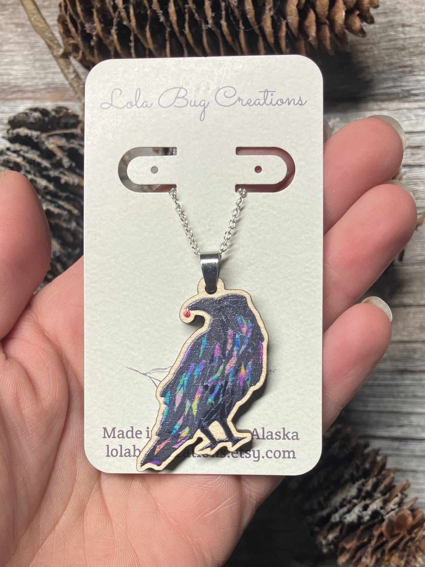 2'' Northern Lights Studious Raven Wood Necklace