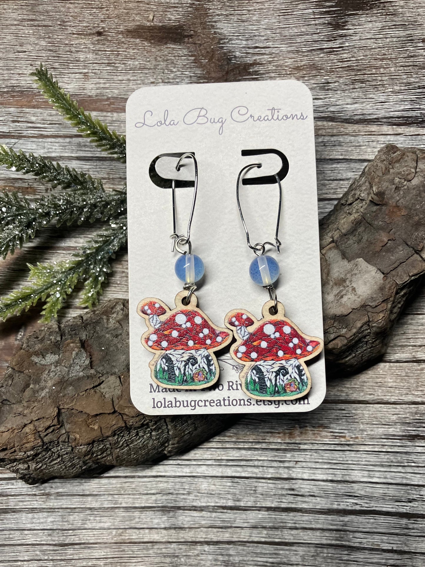 Mushroom House Wood Earrings