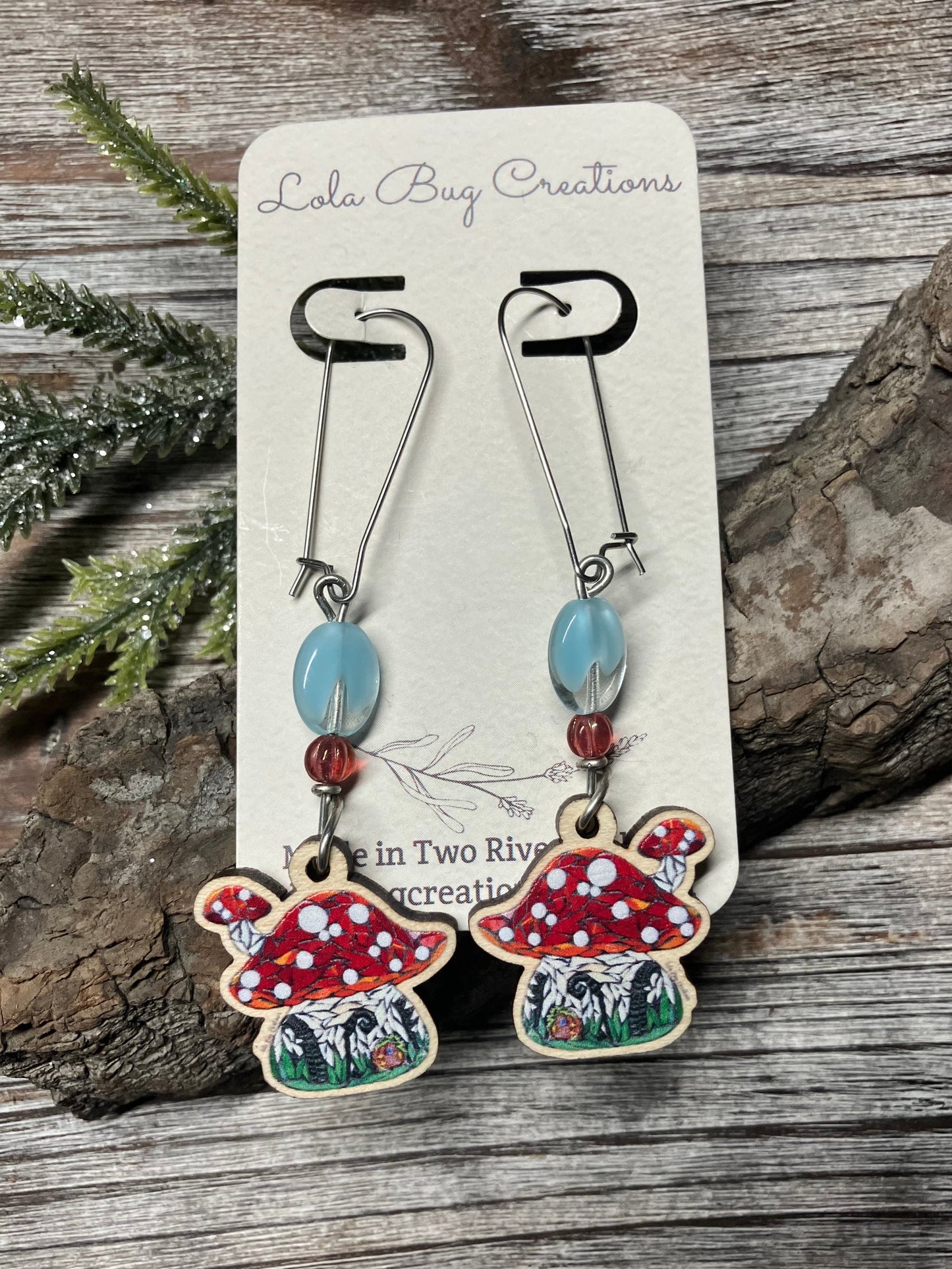 Mushroom House Wood Earrings