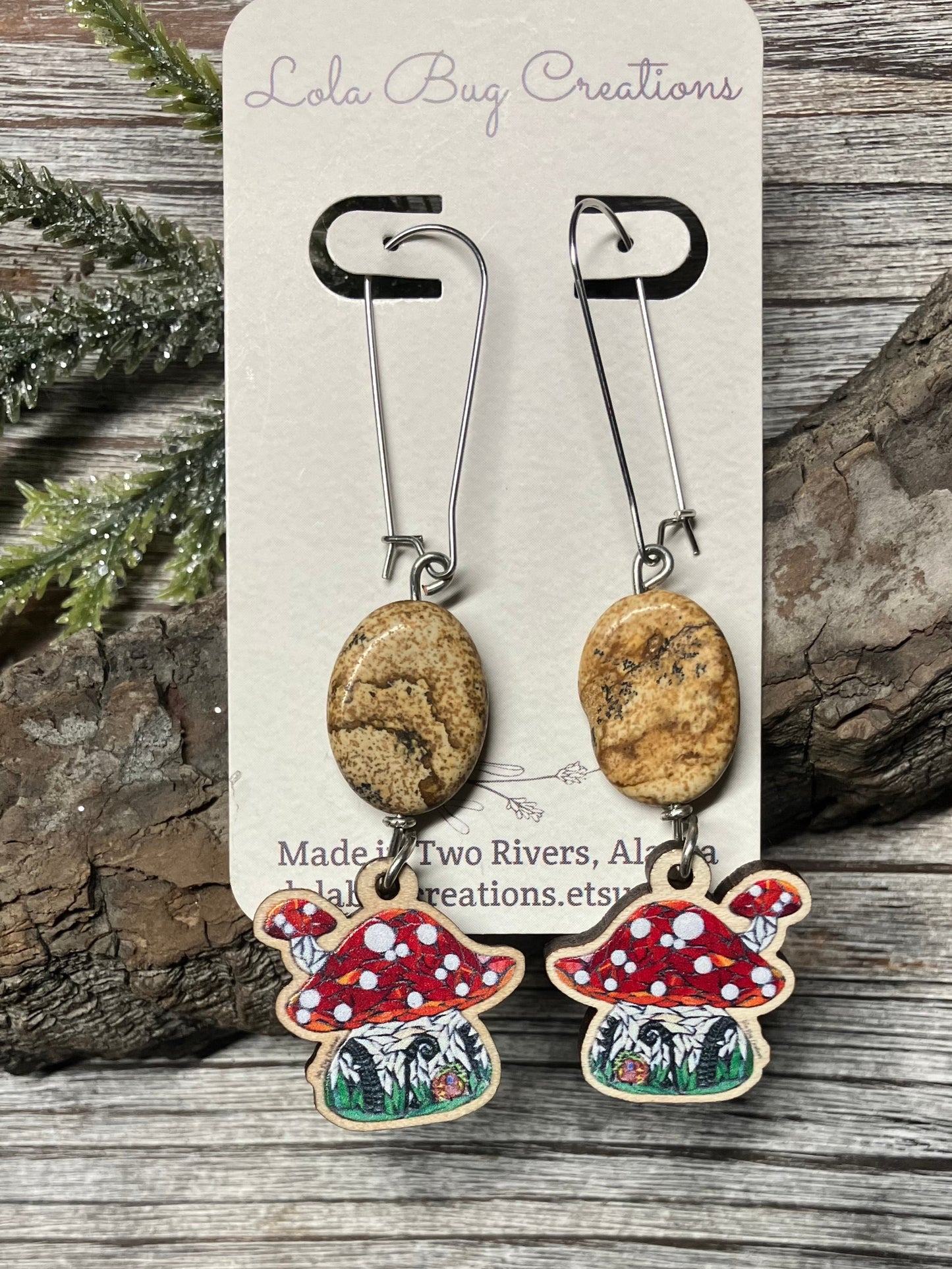 Mushroom House Wood Earrings