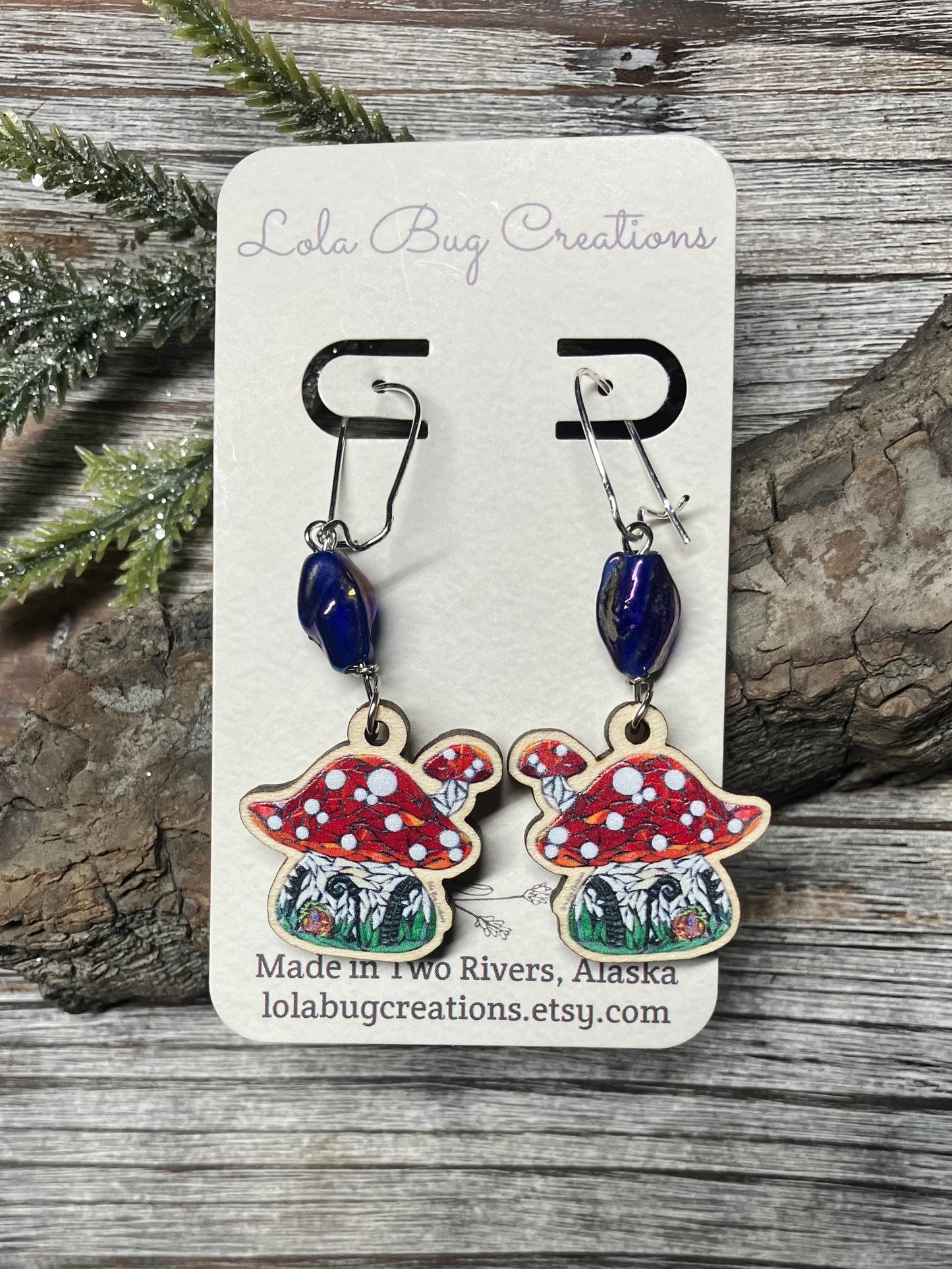 Mushroom House Wood Earrings