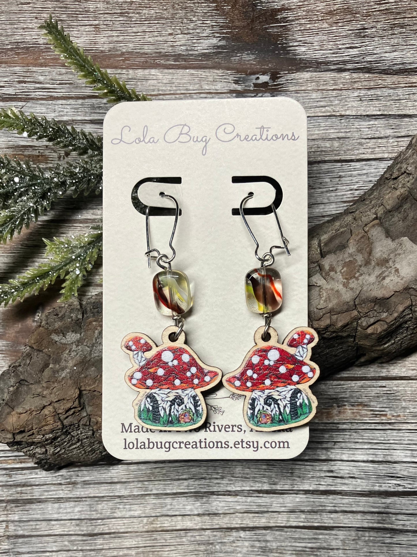 Mushroom House Wood Earrings