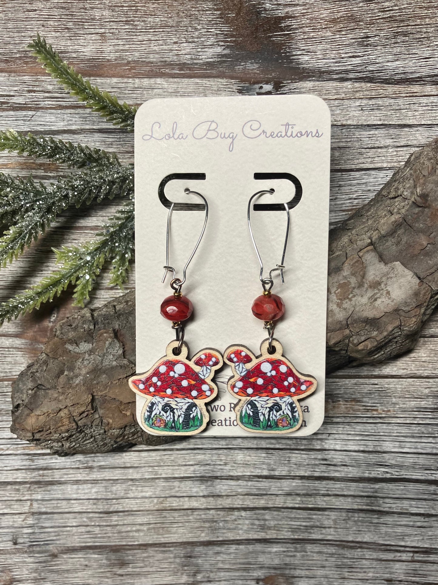 Mushroom House Wood Earrings