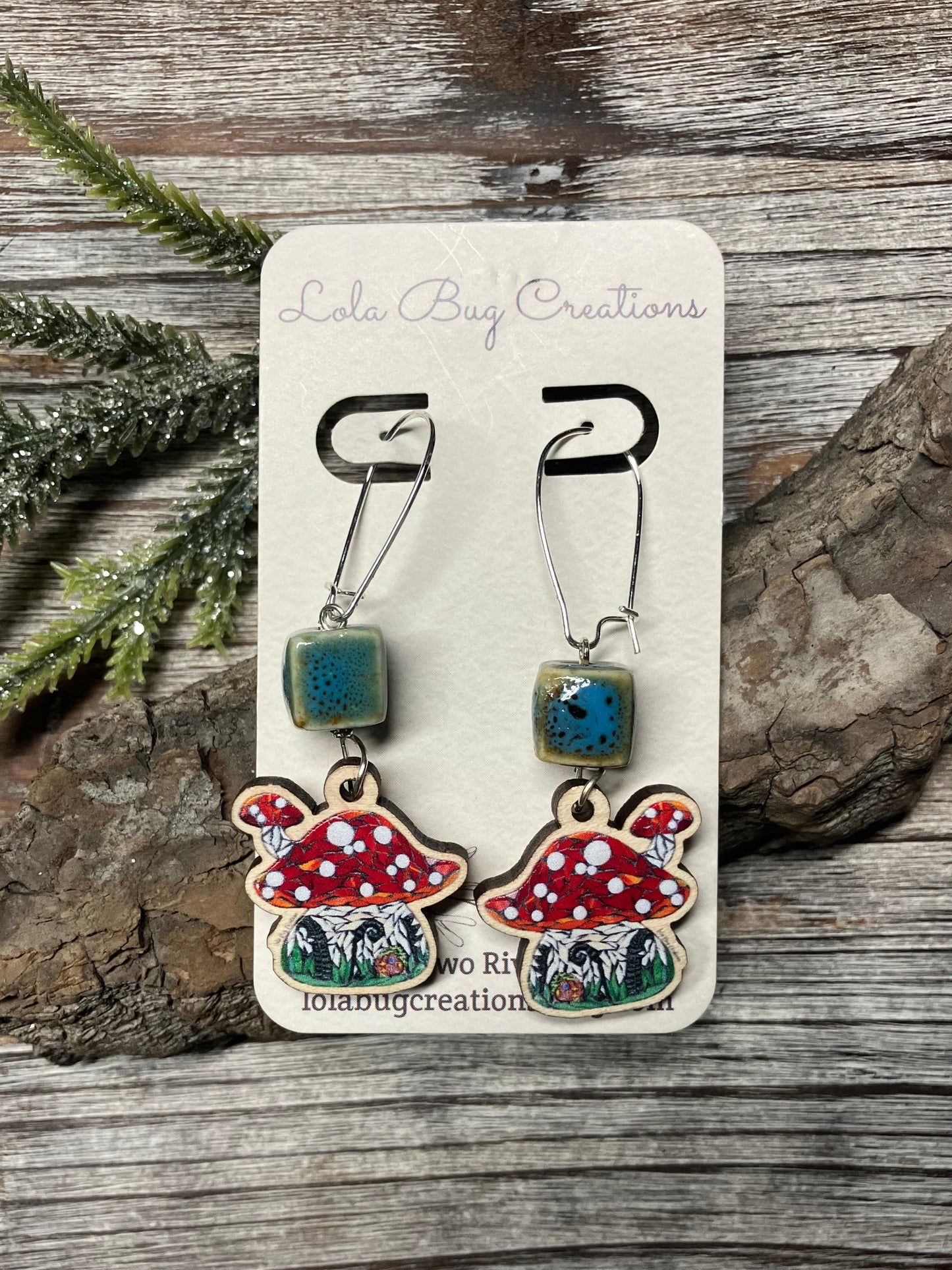 Mushroom House Wood Earrings