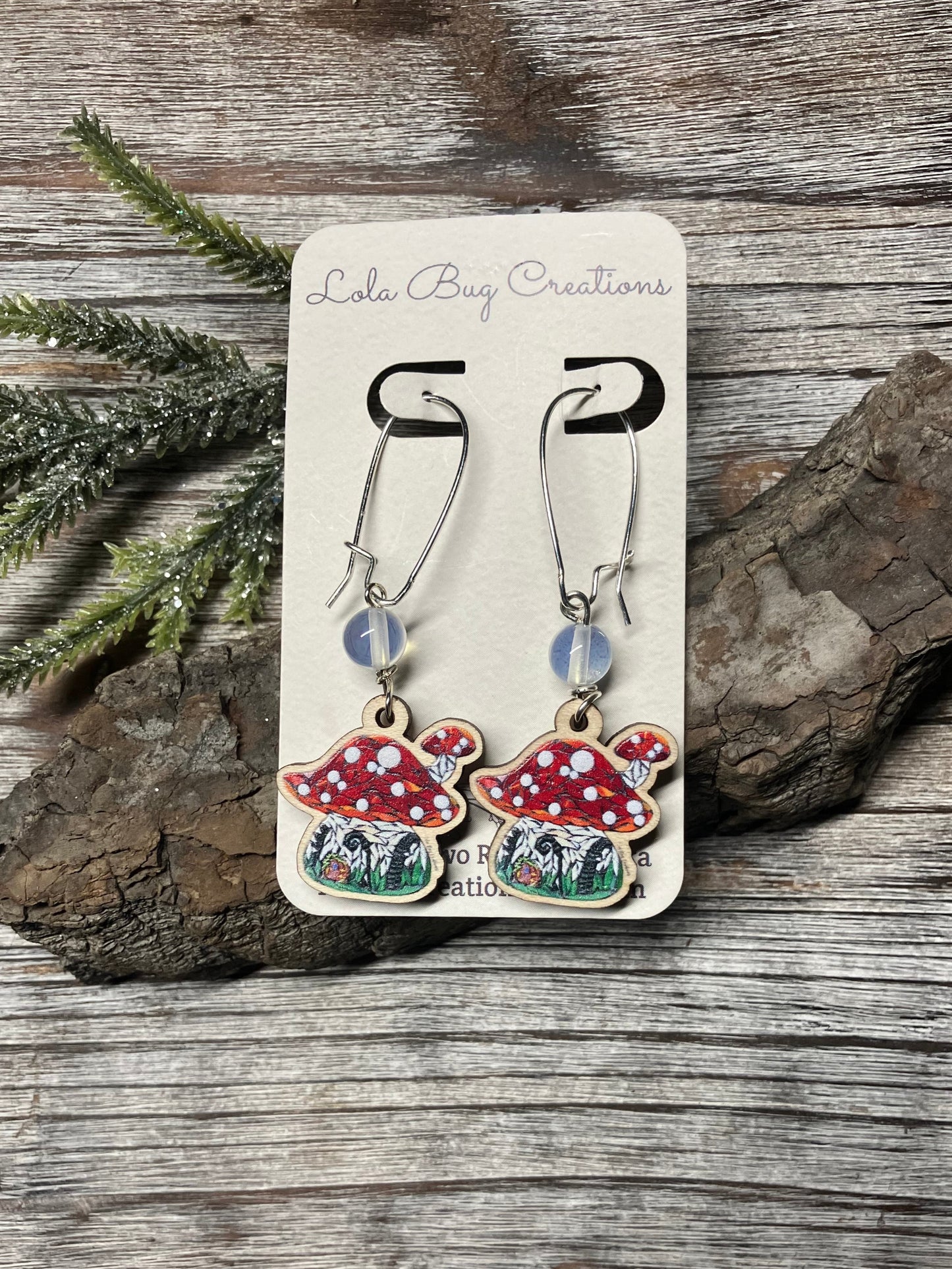 Mushroom House Wood Earrings