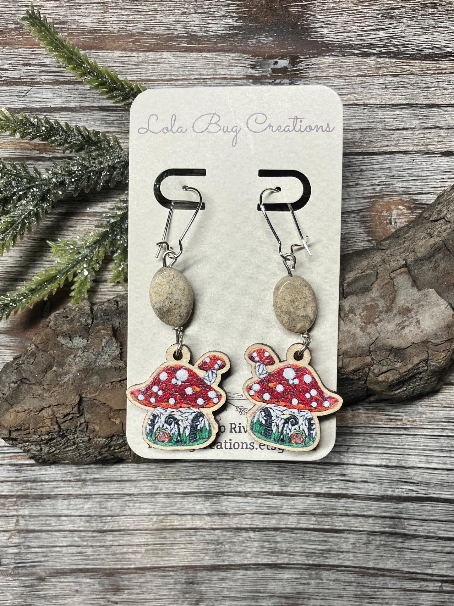 Mushroom House Wood Earrings