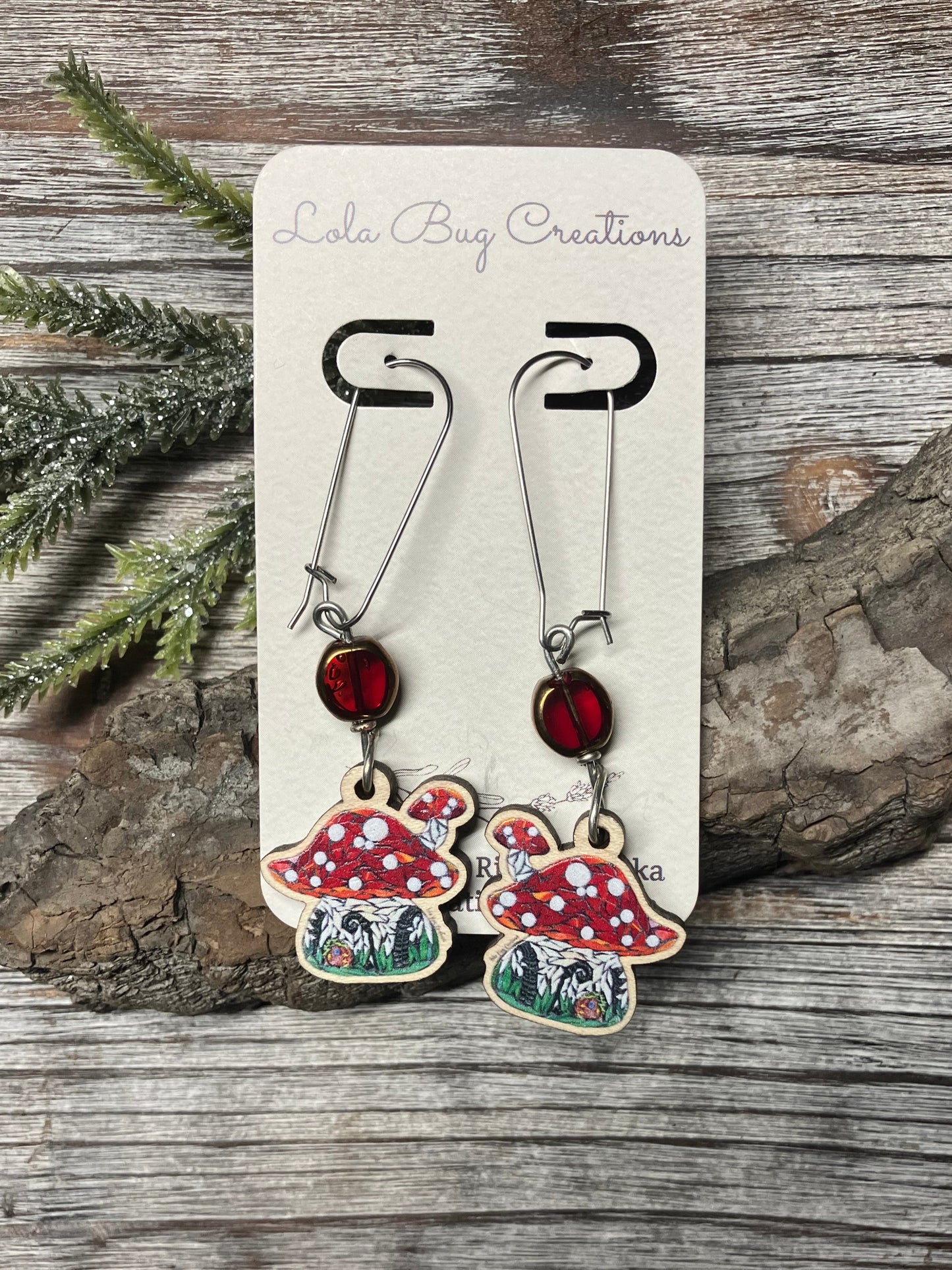 Mushroom House Wood Earrings