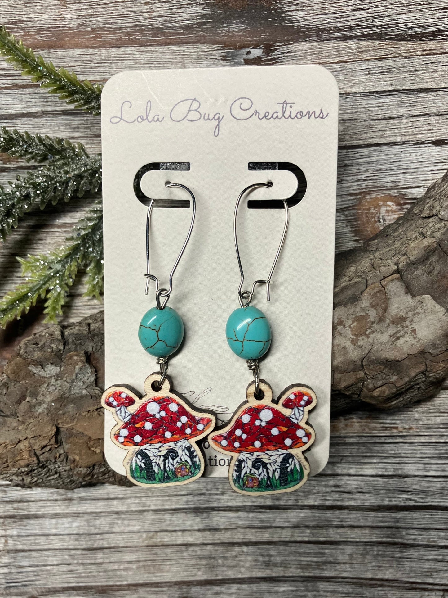 Mushroom House Wood Earrings