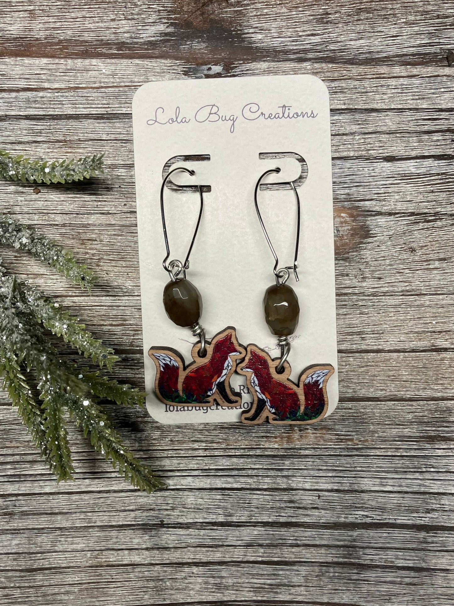 Blueberry Sitting Fox Wood Earrings