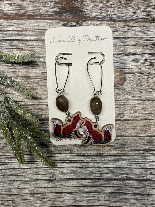 Blueberry Sitting Fox Wood Earrings