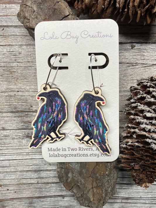 Studious Northern Lights Raven Large Wood Earrings